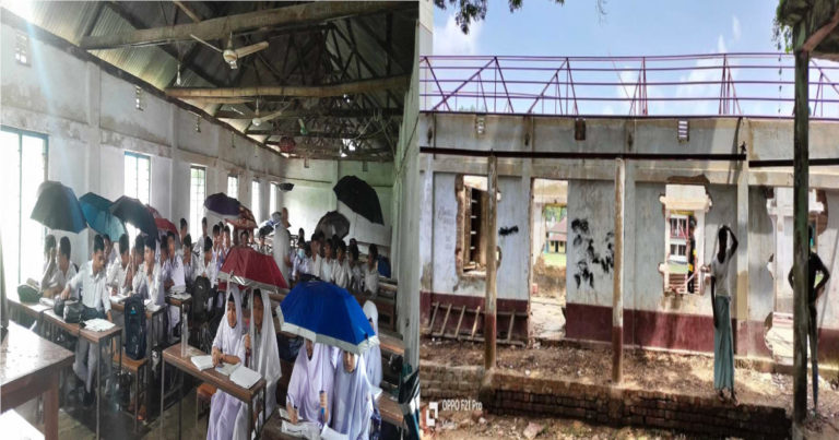 শ্রেণিকক্ষে ছাতা মাথায় ক্লাস, সেই টিনসেড স্কুলের মেরামত চলছে