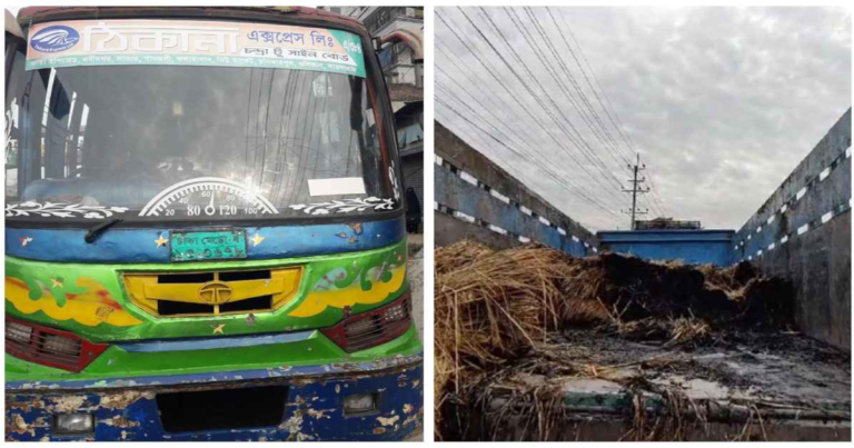 গাজীপুরে যাত্রীবাহী বাস ও ট্রা‌কে আগুন