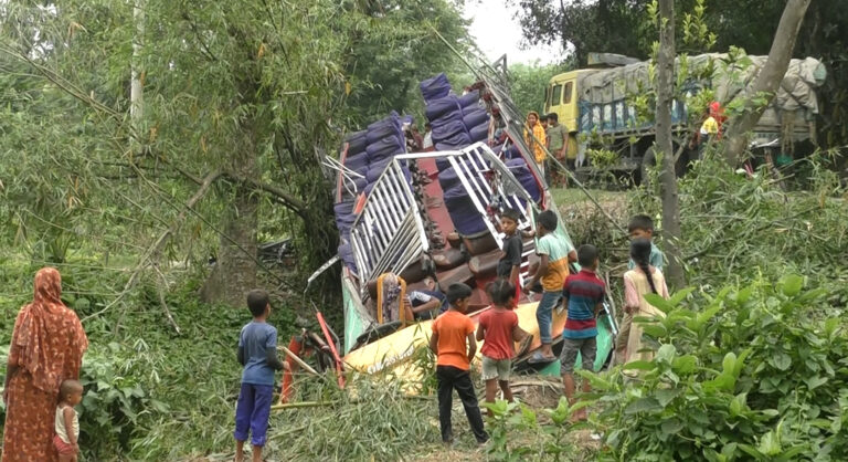 এবার বাসের ছাদ খুলে ঝুলছিলো গাছে, বাস গর্তে