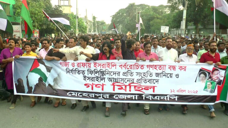 ফিলিস্তিনে গণহত্যার প্রতিবাদে মেহেরপুরে বিএনপি’র গণ মিছিল