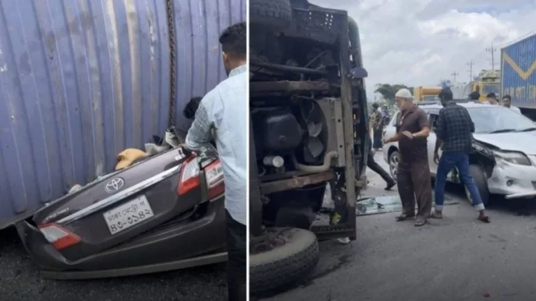 প্রাইভেটকারের ওপর উল্টে পড়ল কাভার্ডভ্যান, নিহত ৪