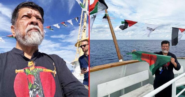 গাজার পথে এগিয়ে চলা শহীদুল আলমের বুকে শহীদ আবু সাঈদের ছবি